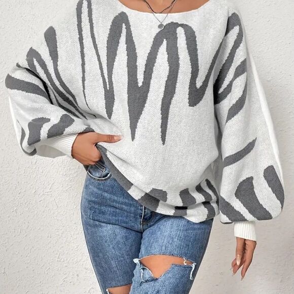Boat Neck Pullover Sweater Graphic Pattern, Elegant Lantern Sleeve Oversized Swe - Picture 3 of 5